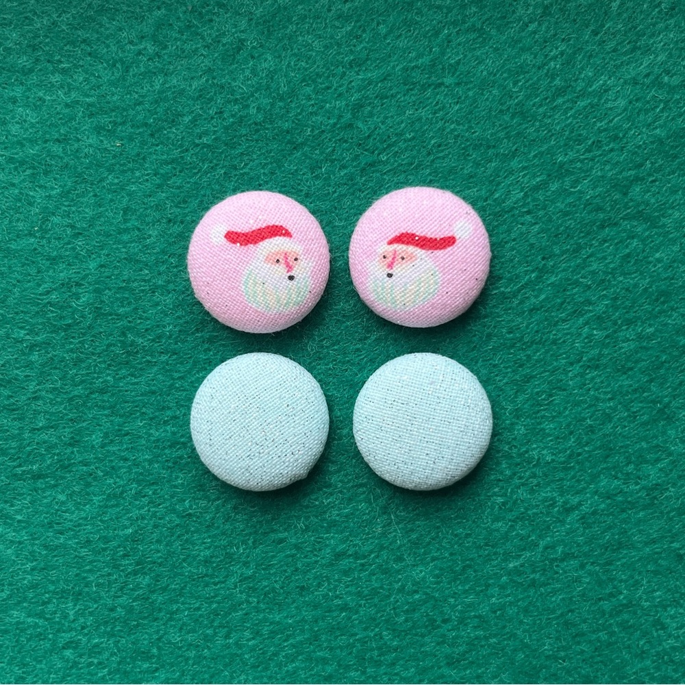 Retro Pink Christmas Santa Button Stud Earrings, Glitter Christmas Fabric Studs